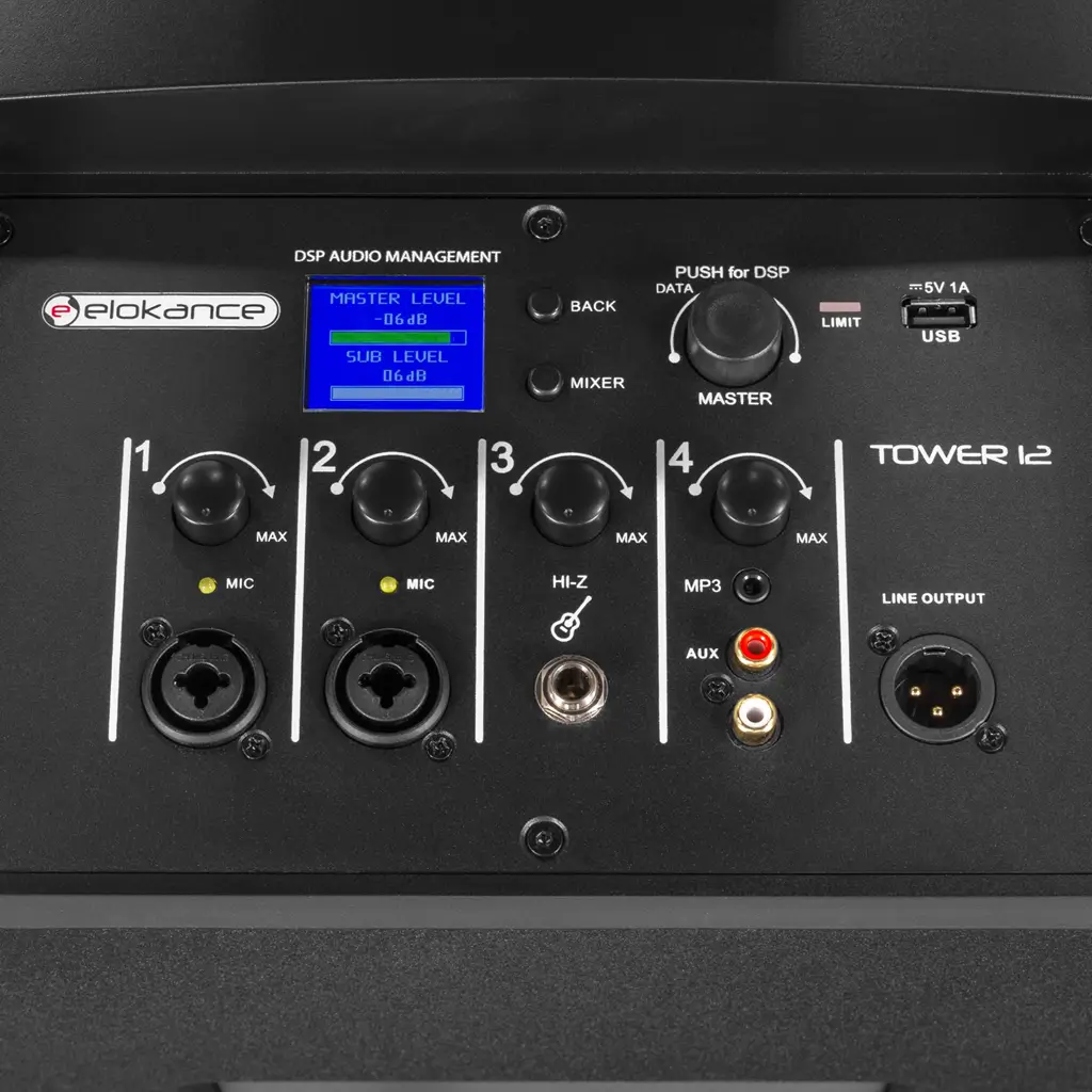 Sistema de columna activa de 3 vías y 800 W RMS con subwoofer de 12" – Elokance