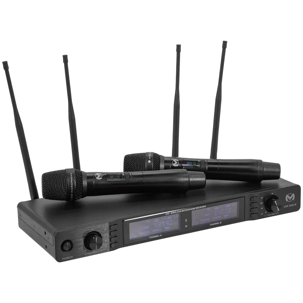Sistema de doble micrófono inalámbrico UHF cardioide True Diversity con receptor – Mac Mah