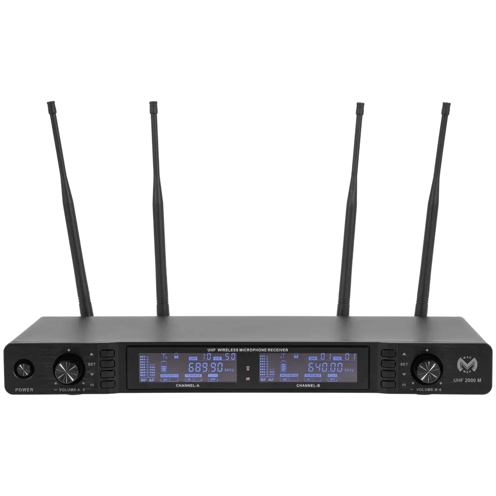 Sistema de doble micrófono inalámbrico UHF cardioide True Diversity con receptor – Mac Mah