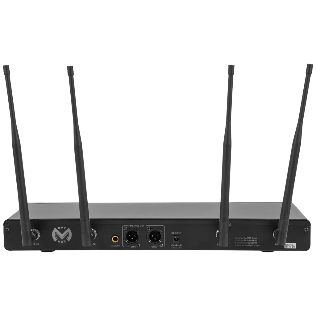 Sistema de doble micrófono inalámbrico UHF cardioide True Diversity con receptor – Mac Mah