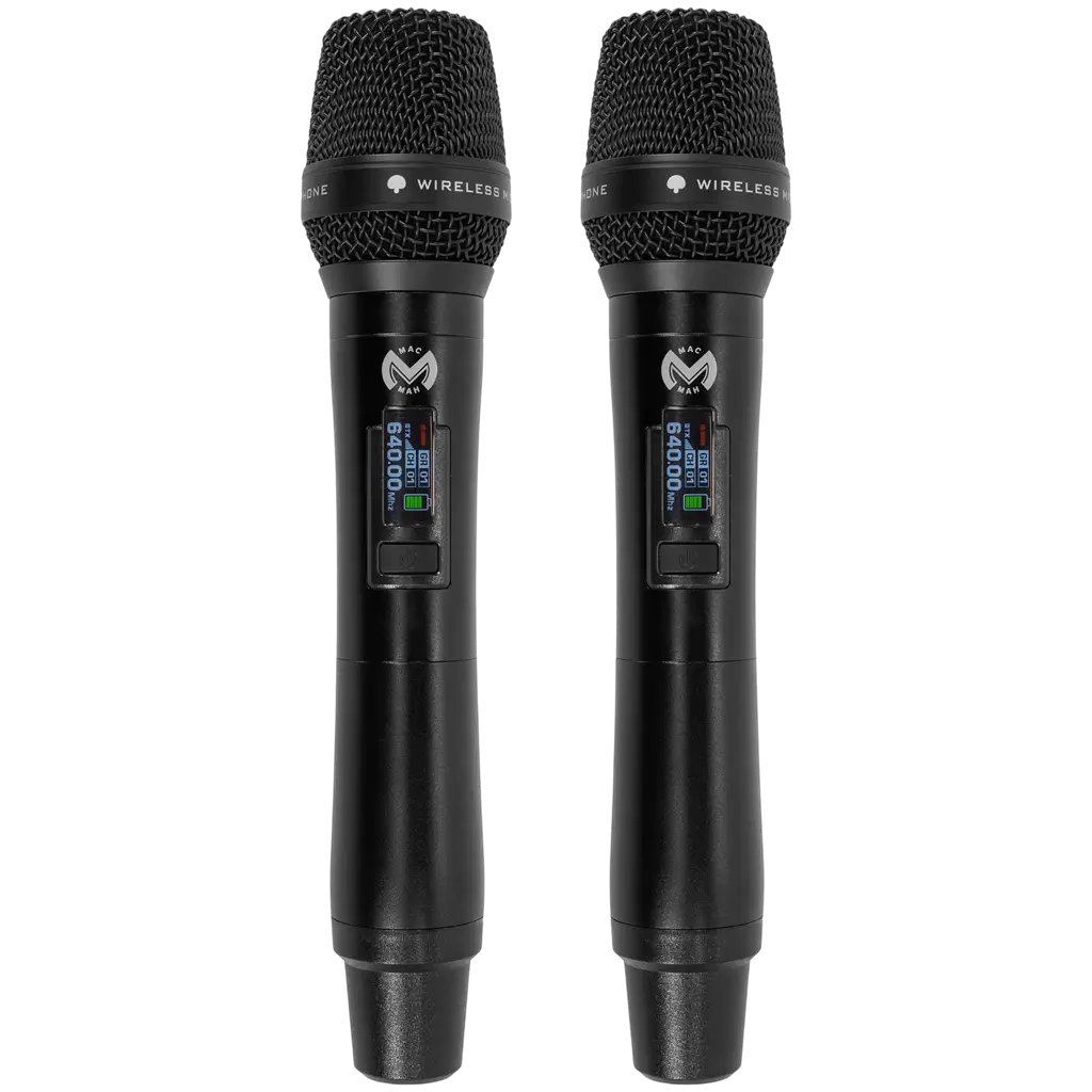 Sistema de doble micrófono inalámbrico UHF cardioide True Diversity con receptor – Mac Mah