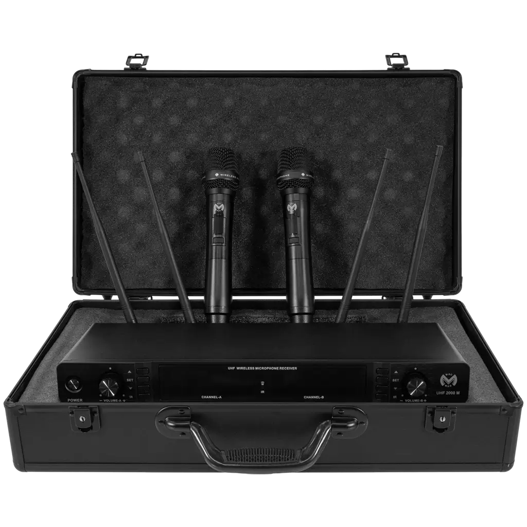 Sistema de doble micrófono inalámbrico UHF cardioide True Diversity con receptor – Mac Mah