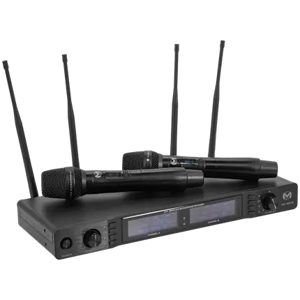 Sistema de doble micrófono inalámbrico UHF cardioide True Diversity con receptor – Mac Mah